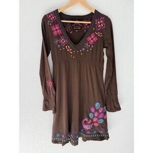 Johnny Was Embroidered Floral Peacock Dress Small Brown Boho Cotton